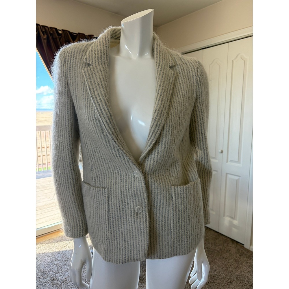Vintage Mohair Wool Pinstripe‎ Blazer Jacket Cream Grey Fuzzy S/M